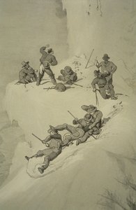 Et fald på opstigningen, fra ti scener i den sidste opstigning af Mont Blanc inklusive fem udsigter fra topmødet, af J.D.H. Browne, udgivet 1853 af English School